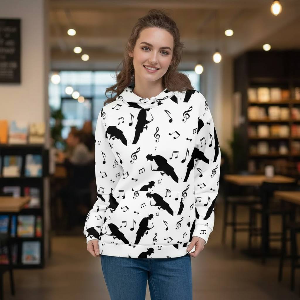 Black-and-white hoodie with an all-over music-themed print featuring black silhouettes of musicians and scattered musical notes, worn by a smiling woman standing in a cozy bookstore interior.