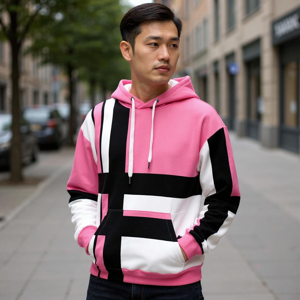 Pink black and white geometric all over print hoodie with bold sixties inspired block patterns worn by a man standing in a clean urban street soft fabric visible on sleeves and pocket modern retro fashion style detailed design elements clearly displayed for product presentation