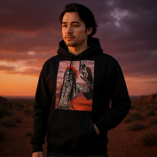 Hoodie with “The Undead Chief” design showing a cartoon-style undead tribal warrior holding a bird, worn by a man standing outdoors at sunset. Dark fantasy illustration with red sky background, detailed feathers, and strong contrast on a black hoodie.