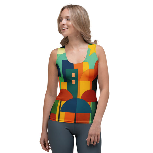 Naive art style sublimation cut & sew tank top with colorful geometric urban city design, featuring bold shapes and tones for an artistic summer fashion look.