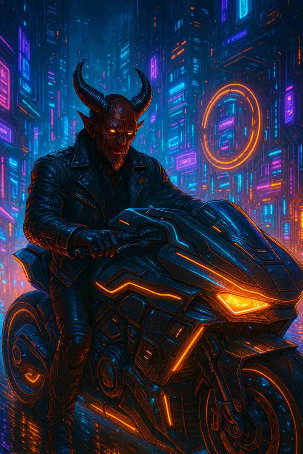 Horned demonic rider wearing a dark leather jacket sits on a futuristic neon motorcycle in a rain soaked cyberpunk city, glowing orange and blue lights reflecting on wet streets and towering skyscrapers, creating a powerful infernal atmosphere designed for smartphone lock screen and home screen use