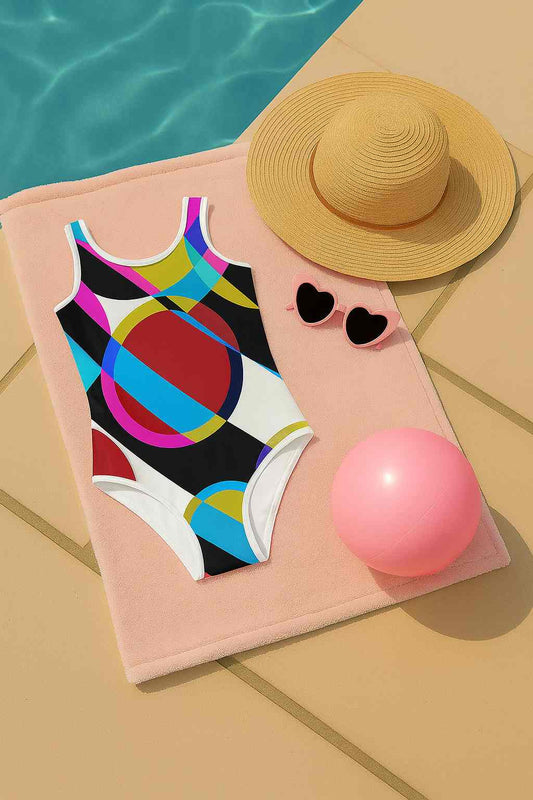 Kids swimsuit with Bubble 3 retro abstract design featuring bold geometric circles and diagonal shapes in blue, pink, yellow, red, and black, photographed flat near a pool with a sunhat, pink sunglasses, and beach ball.