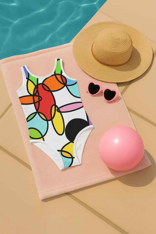 Kids swimsuit featuring abstract chain design in bright 60s retro colors, artistic geometric circles linked together, displayed near a pool with hat, sunglasses, and pink ball on a towel