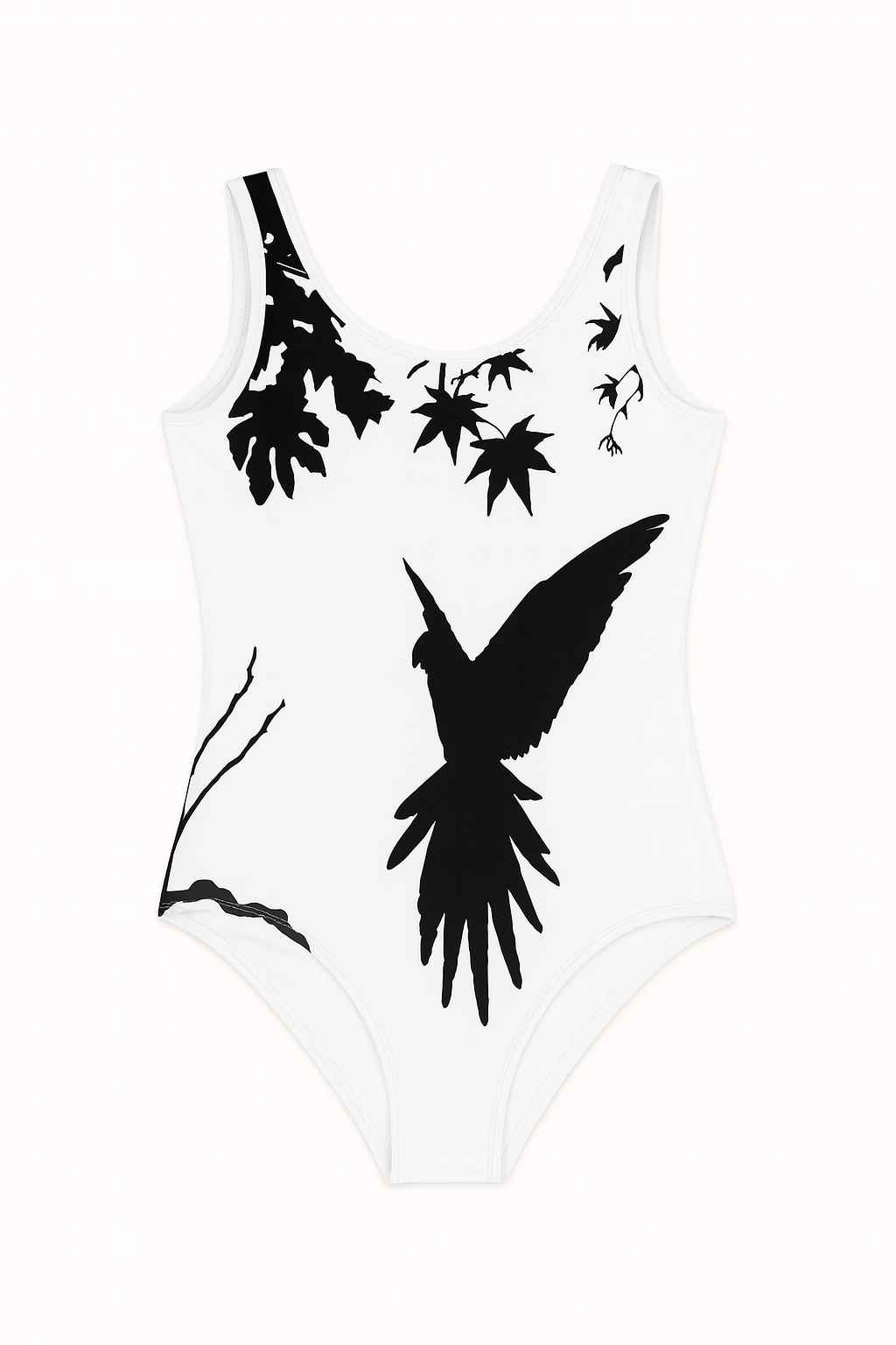 Kids swimsuit with black parrot silhouette on white background, artistic nature design showing leaves and branches, minimalist bird illustration flat lay on neutral surface