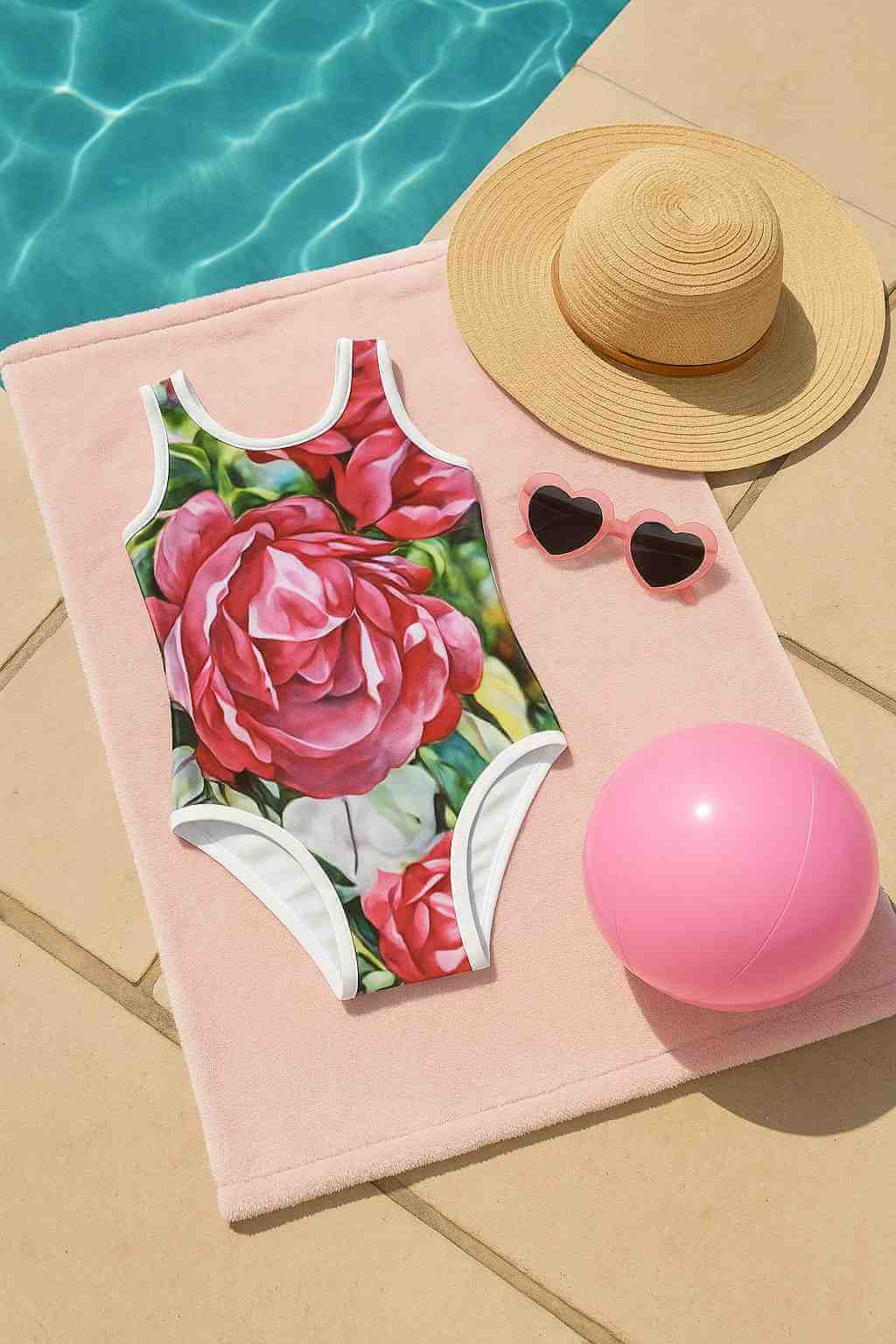 All-Over Print Kids Swimsuit, Kids Swimsuit, allmyart.net, Floral Design, Rose Print, Summer Swimsuit, Artistic Swimwear, Nature Inspired, Girls Swimsuit, Beach Outfit, Pool Day, Summer Kidswear, Art Design, W-Dagrou, Gift Idea