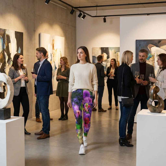 Woman walking through an art gallery wearing floral leggings with violet, red, pink, and green tones, paired with a light sweater, surrounded by people viewing contemporary artwork, showcasing the colorful all-over print in an elegant indoor setting
