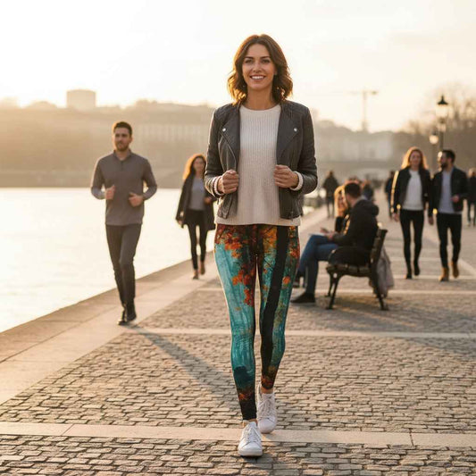 Woman walking along a riverside promenade at sunset wearing autumn-themed leggings in burnt orange, crimson, teal, and gold tones, paired with a light sweater and jacket, showcasing the full all-over print in a warm outdoor lifestyle scene
