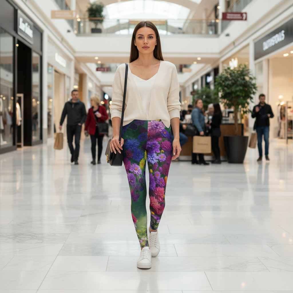 Woman walking in a bright shopping mall wearing bold floral leggings in purple, pink, yellow, and green tones, paired with a white top and shoulder bag, highlighting the vivid all-over print design in a clean modern lifestyle setting