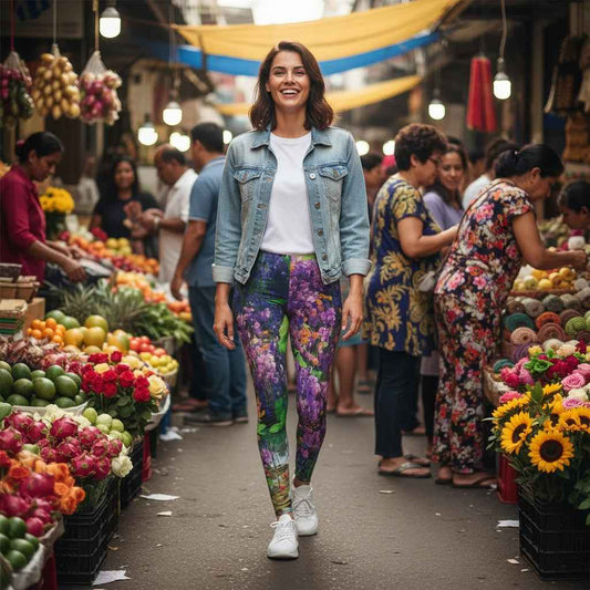 Woman walking through a colorful outdoor market wearing floral bloom leggings with purple, green, and orange garden-inspired patterns, styled with a white top and denim jacket, vibrant lifestyle setting highlighting the design’s colors