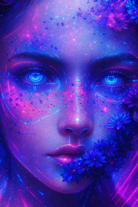 Close-up futuristic female face with glowing blue eyes, skin bathed in violet and magenta neon light, cosmic particles and digital textures scattered across her features, luminous orchid flowers blooming along her cheek, forming an ethereal cyberpunk portrait designed for lock screen use