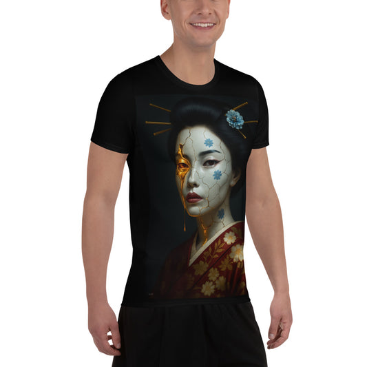 Men’s black athletic t-shirt featuring the Golden Fractures geisha portrait, a cracked porcelain face with glowing gold tears and blue flowers, blending traditional Japanese art, kintsugi-inspired lines and modern dark workout style.