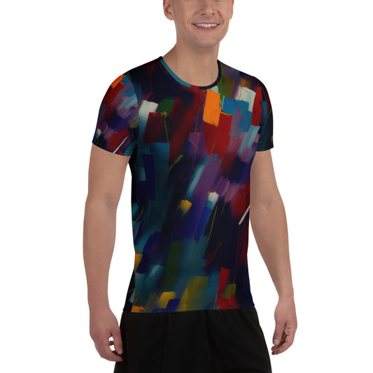Men’s athletic t-shirt featuring the Raining Colors design with deep abstract tones, vibrant flowing pigments and a modern artistic composition full of visual energy.