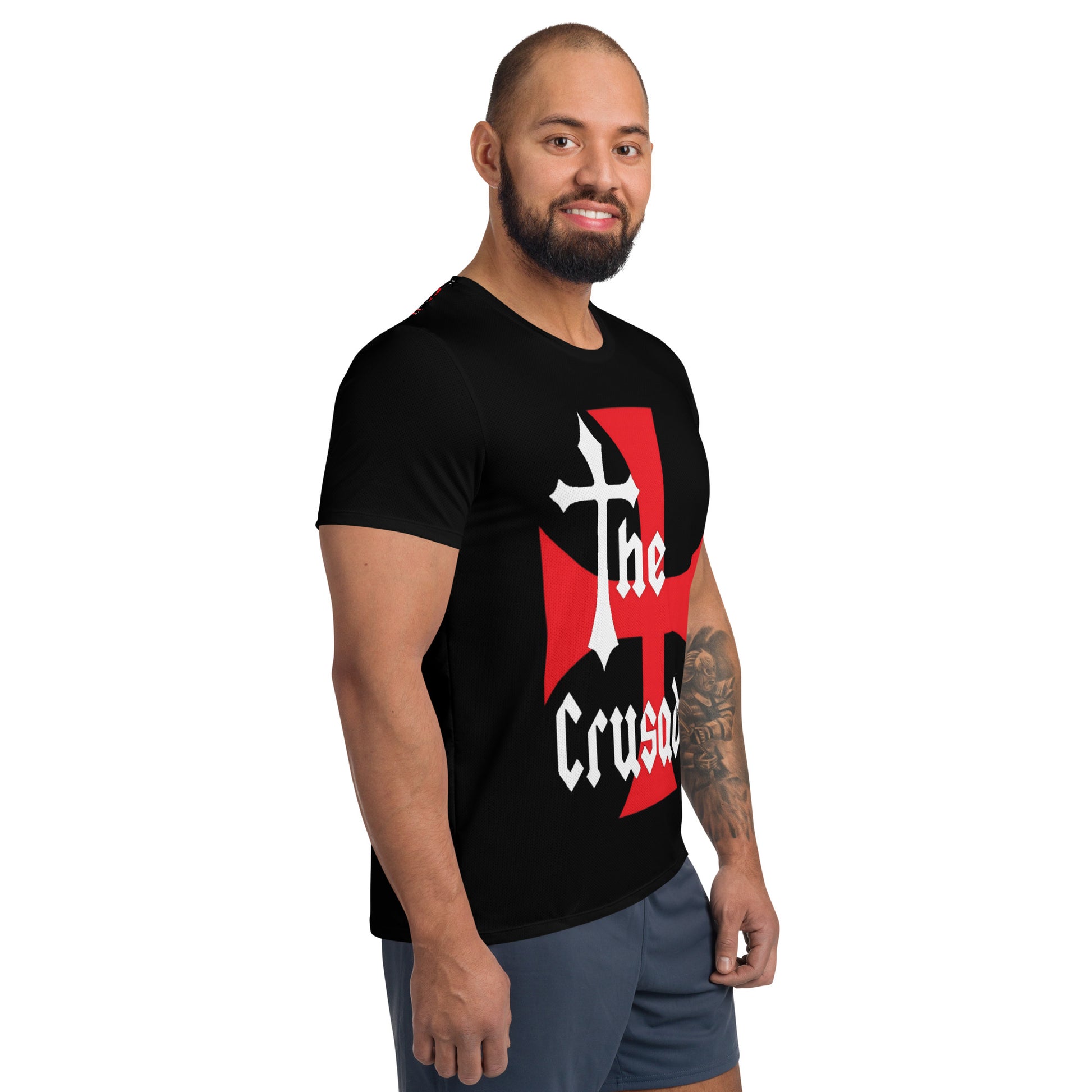 Men’s athletic t-shirt featuring The Crusader II design with a bold red Templar cross on a black background, white gothic typography and symbolic medieval-inspired artwork representing discipline and inner strength.