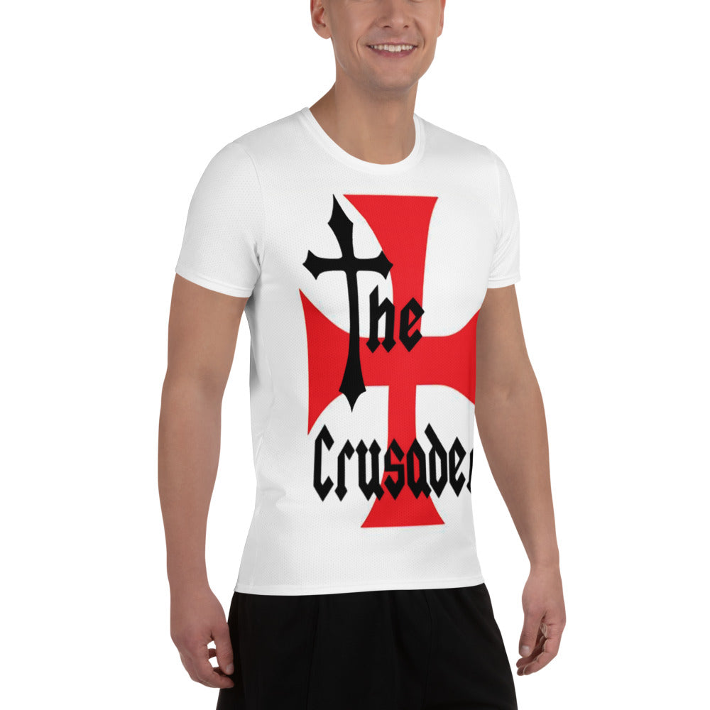 Men’s athletic t-shirt featuring The Crusader design with a bold red cross, gothic black typography and a modern symbolic reinterpretation of inner discipline and moral strength.
