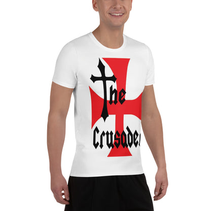 Men’s athletic t-shirt featuring The Crusader design with a bold red cross, gothic black typography and a modern symbolic reinterpretation of inner discipline and moral strength.