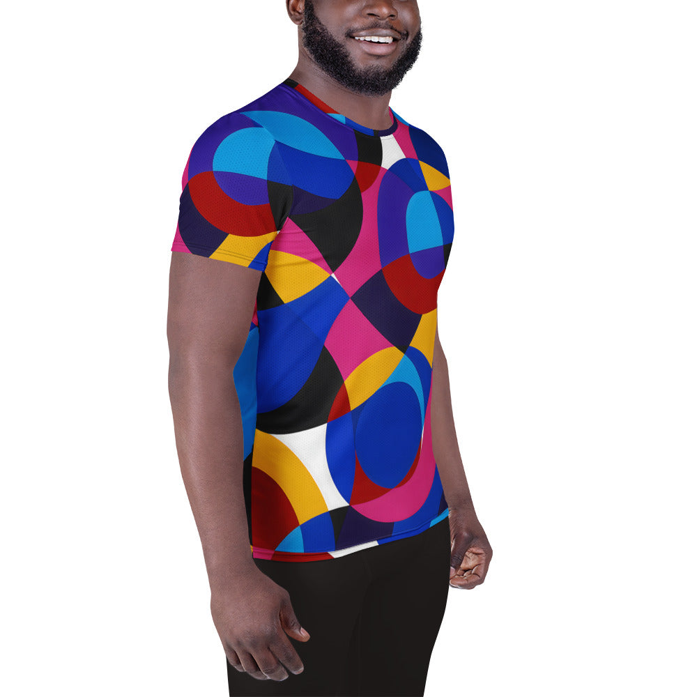 Men’s athletic t-shirt featuring The Geometry of Sound design with retro geometric shapes, bold abstract lines, deep vintage colours and a modern artistic composition ideal for workout or streetwear style.