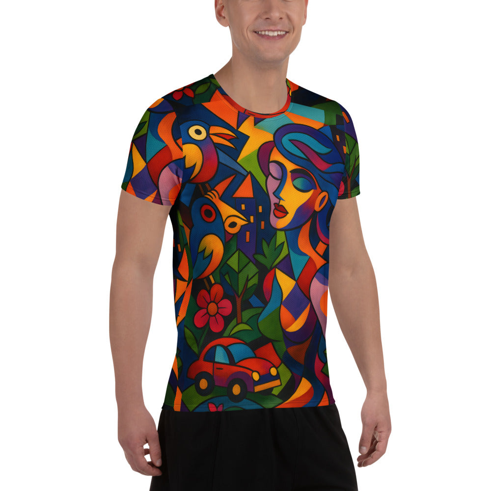 Men’s athletic t-shirt featuring Urban Melody abstract artwork filled with bold colors, geometric shapes, birds, flowers, and modern city-inspired elements expressing optimism and vitality.