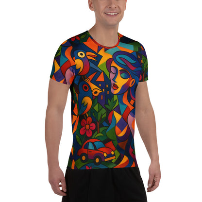 Men’s athletic t-shirt featuring Urban Melody abstract artwork filled with bold colors, geometric shapes, birds, flowers, and modern city-inspired elements expressing optimism and vitality.