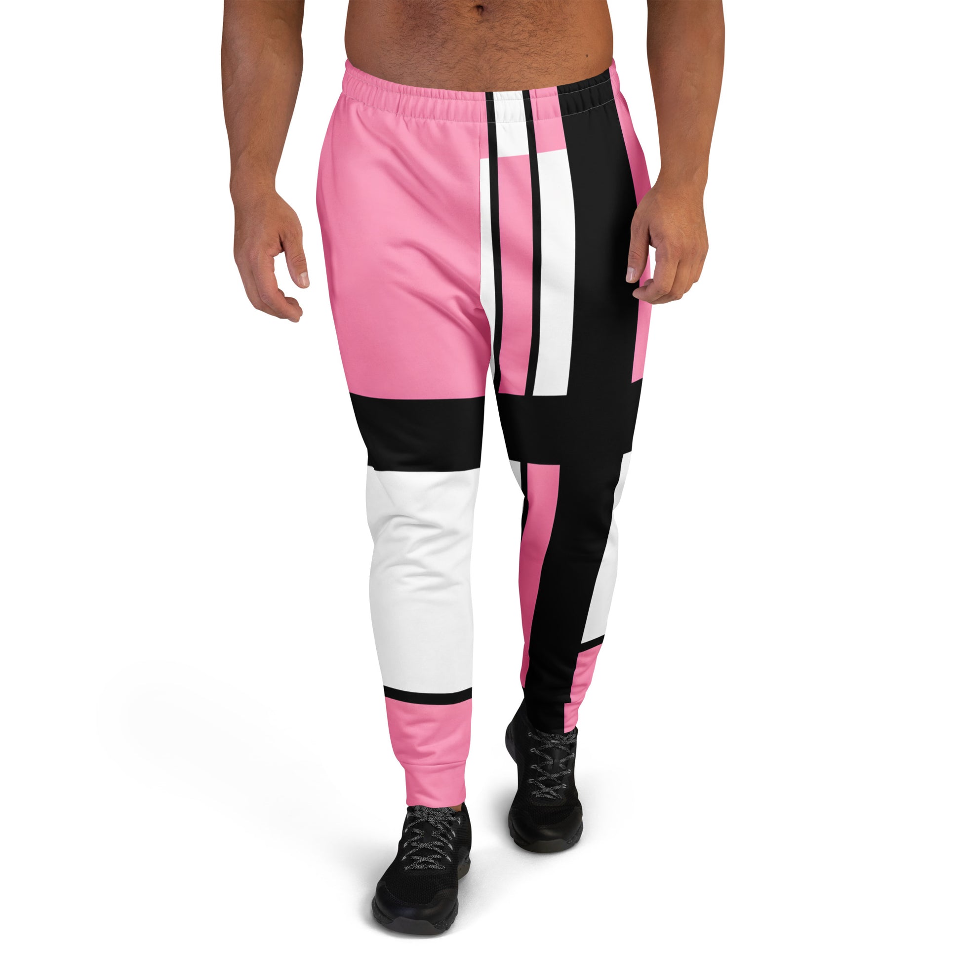 Men’s joggers featuring the 60s 3 retro-inspired minimalist design with pink, black, and white color blocks, blending 60s geometry with modern artistic style.