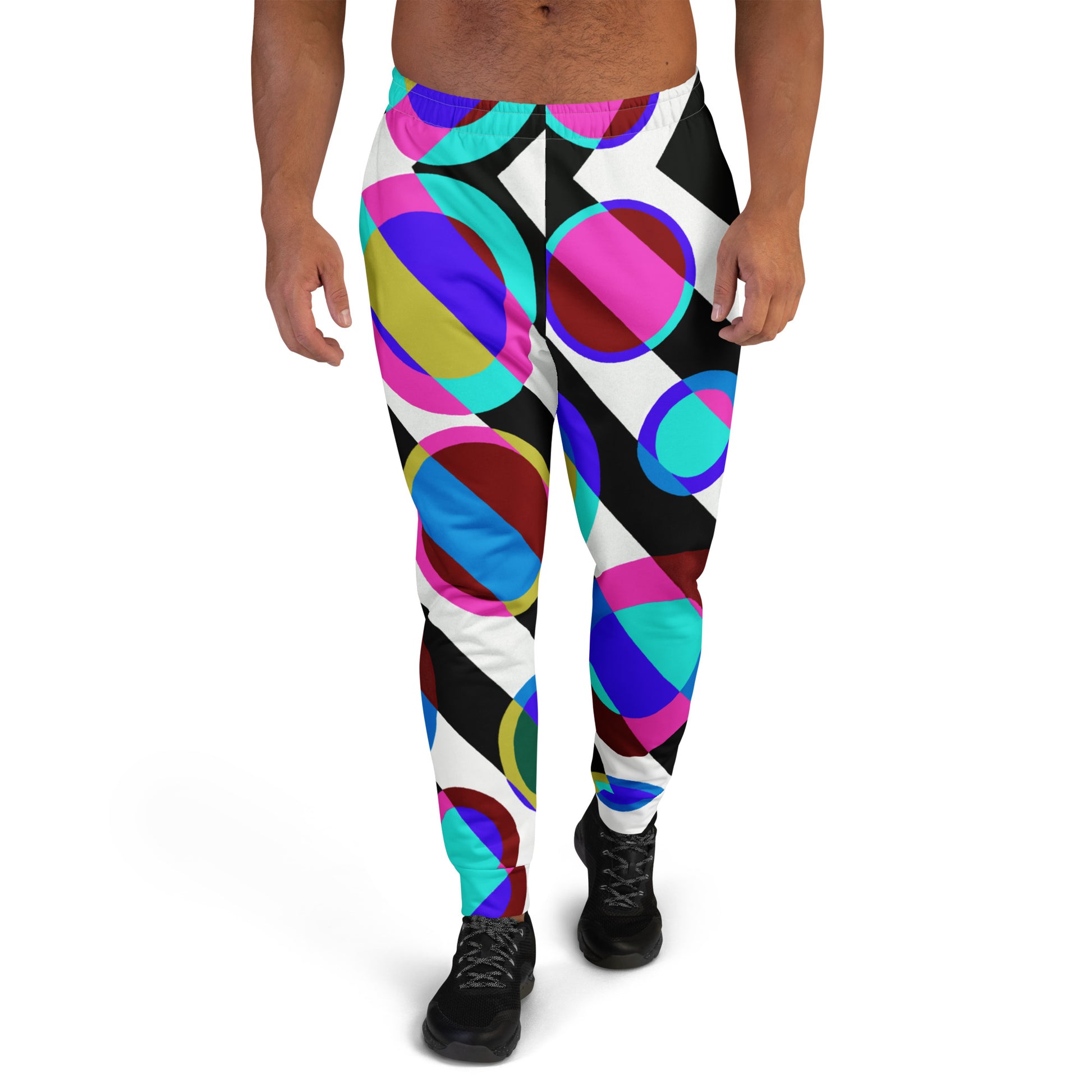 Men’s joggers featuring the Bubble 3 retro-inspired geometric abstract design with colorful circles and diagonal lines, blending 70s energy with modern artistic flair.