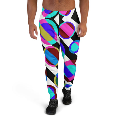 Men’s joggers featuring the Bubble 3 retro-inspired geometric abstract design with colorful circles and diagonal lines, blending 70s energy with modern artistic flair.