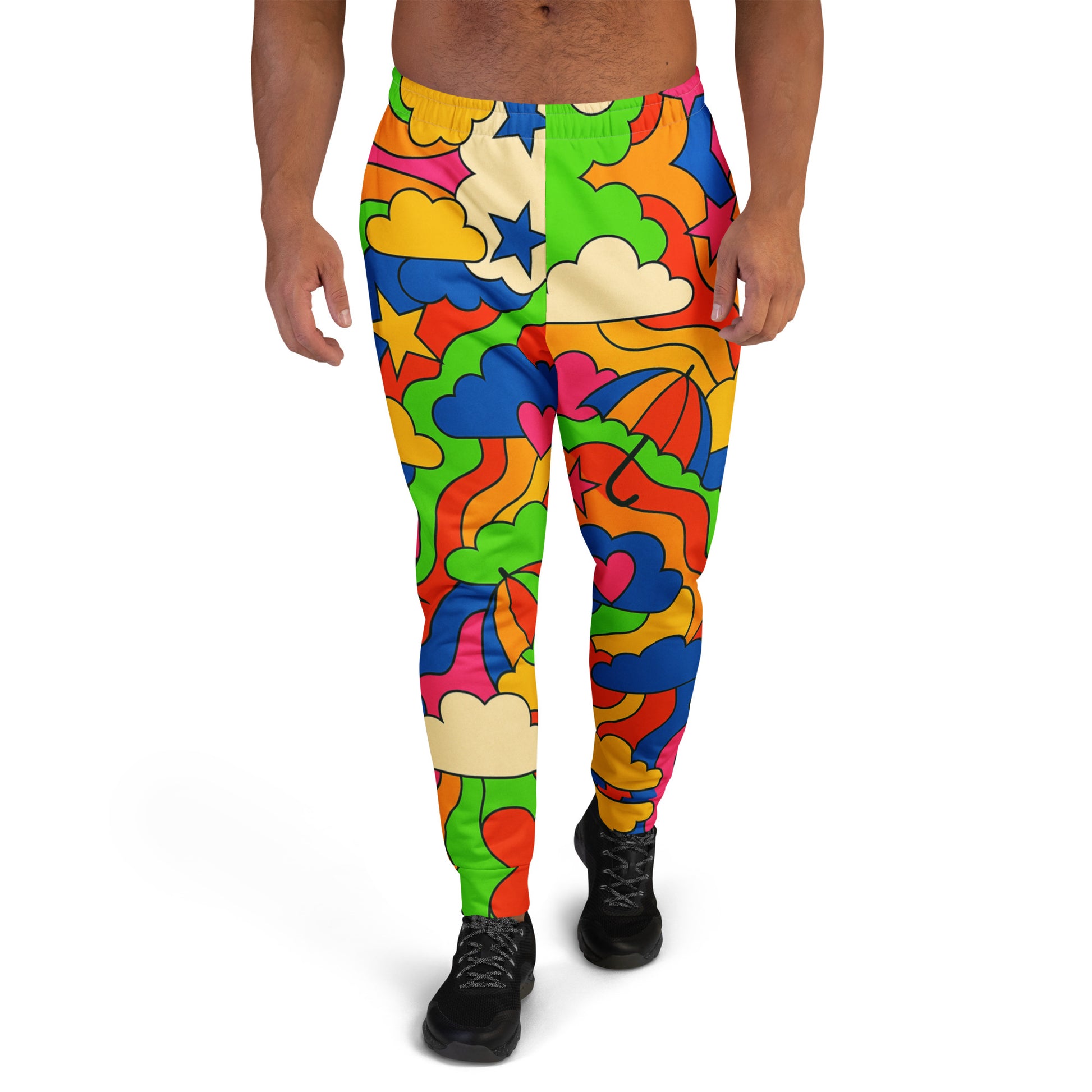 Men’s joggers featuring the Pop Sunshine retro-inspired Pop Art design with colorful clouds, stars, and umbrellas, blending 70s joy with modern artistic flair.