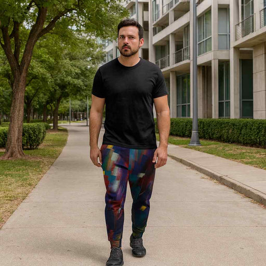 Men’s joggers featuring the Raining Colors abstract pattern in vivid tones of red, blue, and green, ideal for modern artistic streetwear and everyday comfort.