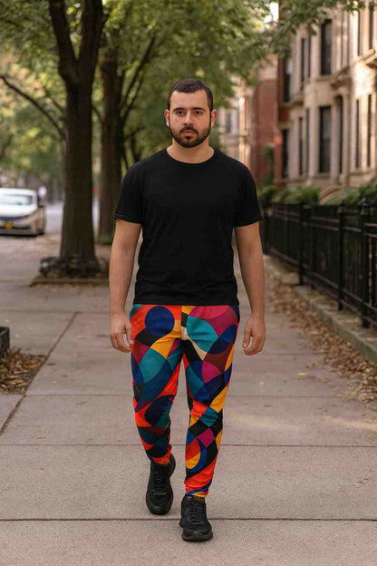 Men’s joggers featuring the Retro Orbit design with colorful 60s-70s geometric patterns in orange, blue and pink tones, ideal for artistic and retro streetwear.