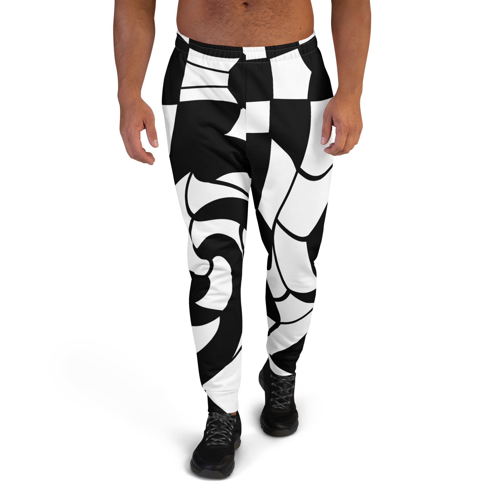 Men’s joggers featuring the Retro Vortex Op Art design in black and white, with dynamic geometric swirls creating a hypnotic visual flow and modern minimalist elegance.