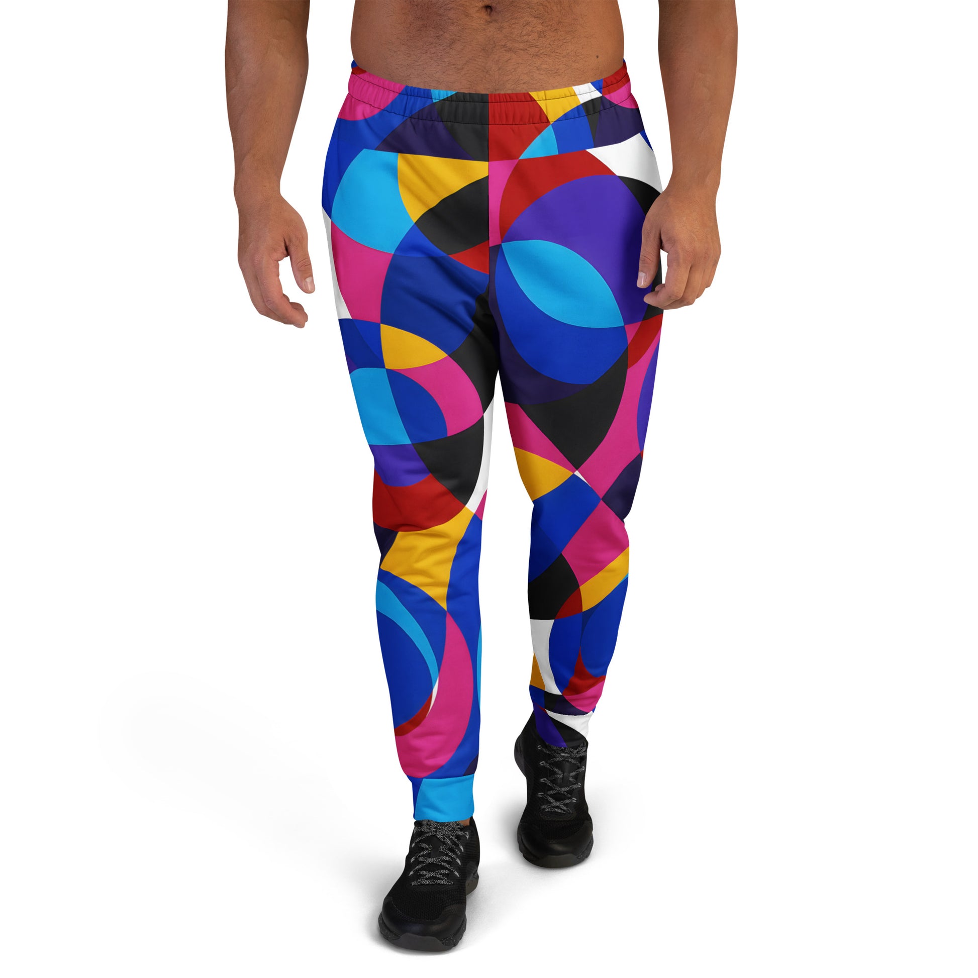 Men’s joggers featuring The Geometry of Sound retro-inspired geometric abstract design with colorful overlapping circles, blending 70s rhythm with modern artistic flair.