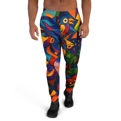 Men’s joggers featuring the Urban Melody geometric abstract design with vibrant orange, blue, and green shapes inspired by modern city rhythms, ideal for artistic streetwear.