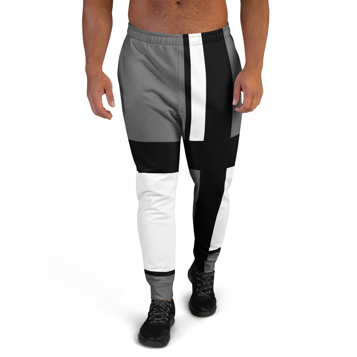 Men’s joggers featuring 60s 2 geometric retro design in black, white, and grey. Cotton-feel fabric with brushed fleece inside. Comfortable casual pants for workouts, lounging, or modern streetwear.