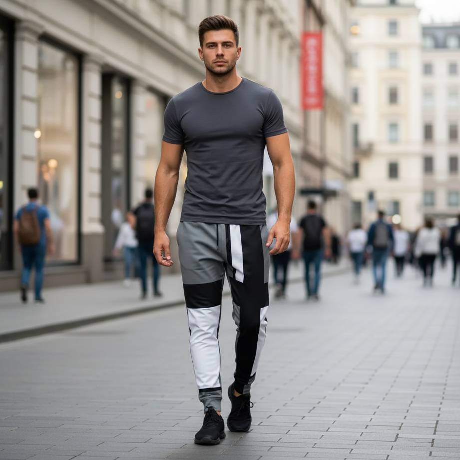 men’s joggers with 60s inspired geometric design in black white and grey, slim fit recycled joggers worn by model walking in modern city street, minimalist retro pattern with clean angular blocks and contemporary streetwear style