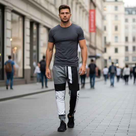 men’s joggers with 60s inspired geometric design in black white and grey, slim fit recycled joggers worn by model walking in modern city street, minimalist retro pattern with clean angular blocks and contemporary streetwear style