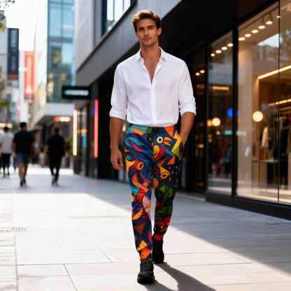 men’s joggers with colorful abstract modern art pattern in blue orange green tones, model walking in a bright urban shopping street, full body view, premium recycled joggers with vivid print, artistic streetwear photography, contemporary fashion