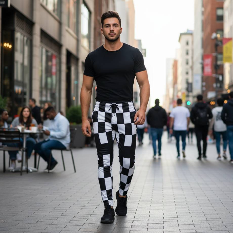 mens joggers black white 60s geometric design checkerboard retro pattern recycled joggers worn by model walking in city street modern streetwear optical contrast minimalistic style premium wearable art