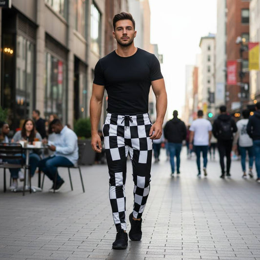mens joggers black white 60s geometric design checkerboard retro pattern recycled joggers worn by model walking in city street modern streetwear optical contrast minimalistic style premium wearable art