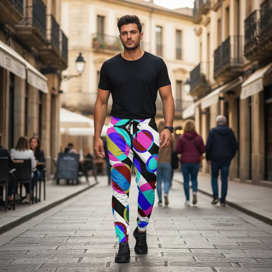 men’s joggers with colorful retro geometric circles inspired by 60s and 70s design, model walking in an urban street, full body view, vibrant bubble pattern with diagonal contrasts, premium recycled joggers, contemporary streetwear fashion photography