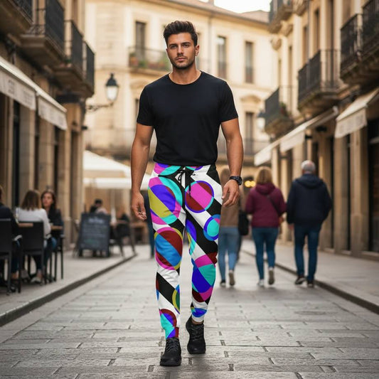 men’s joggers with colorful retro geometric circles inspired by 60s and 70s design, model walking in an urban street, full body view, vibrant bubble pattern with diagonal contrasts, premium recycled joggers, contemporary streetwear fashion photography