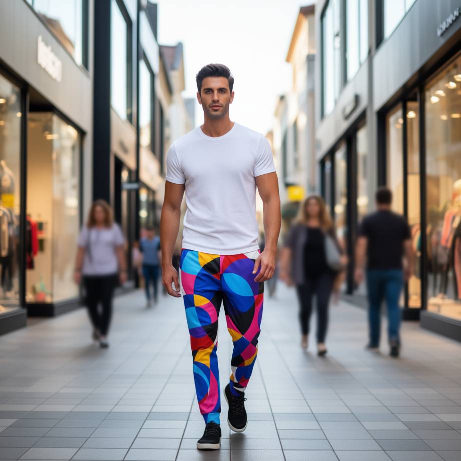 men’s joggers with colorful geometric circles inspired by retro 70s design, model walking in a modern shopping street, full body view, vibrant overlapping shapes symbolizing sound and motion, premium recycled joggers, contemporary streetwear fashion