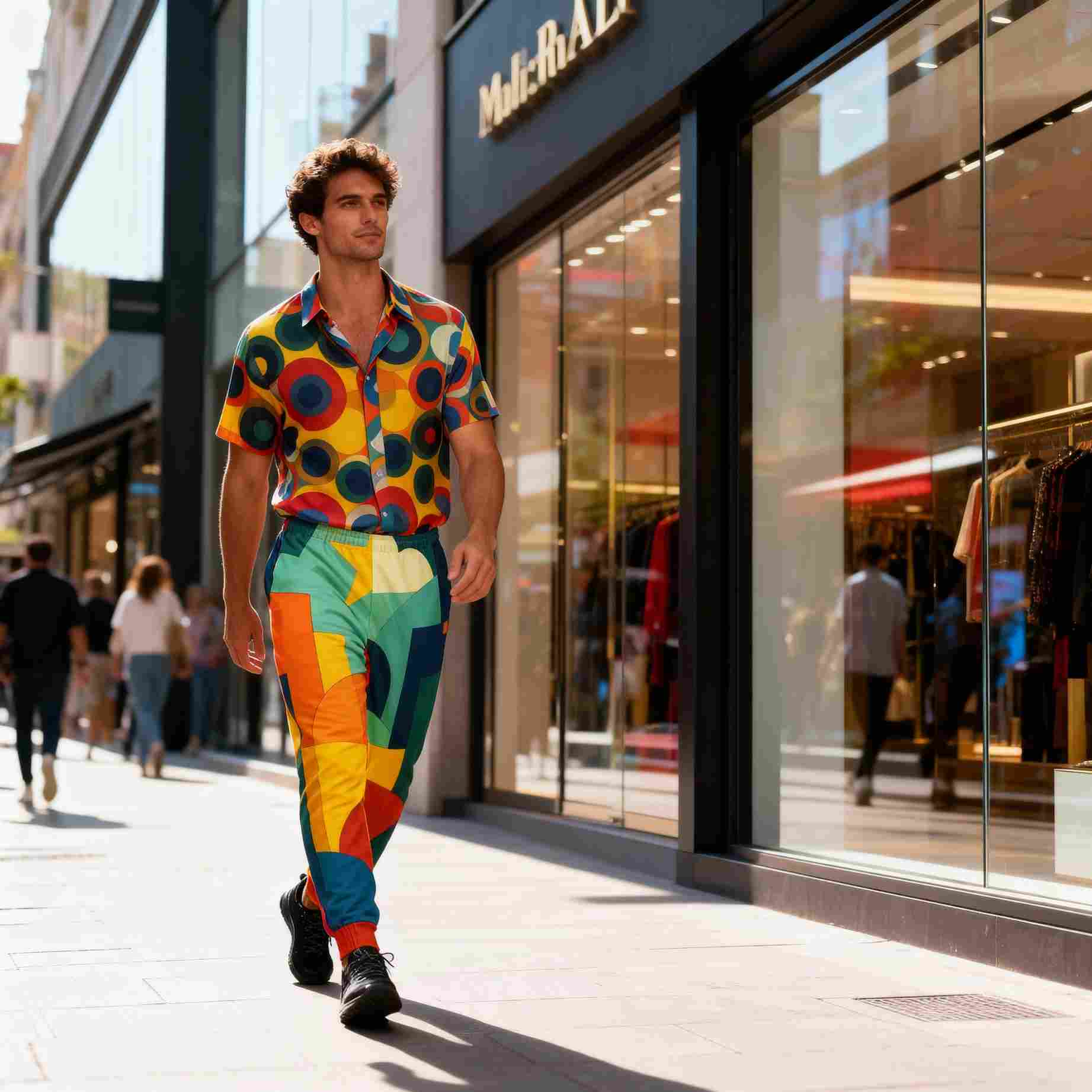 mens joggers naive abstract cityscape design colorful geometric pattern wearable art retro modern city blocks worn by model walking in shopping district recycled joggers vibrant shapes creative streetwear style