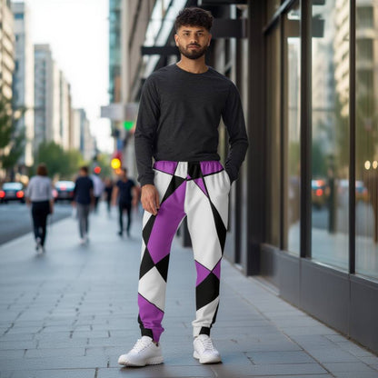 mens joggers retro geometry 60s purple edition with purple black and white diamond pattern geometric design worn by model in modern city street contemporary retro streetwear recycled joggers clean minimalist style