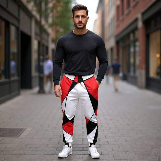 mens joggers retro geometry 60s red edition with bold red black and white angular design worn by model in city street clean geometric pattern contemporary retro streetwear recycled joggers modern graphic style