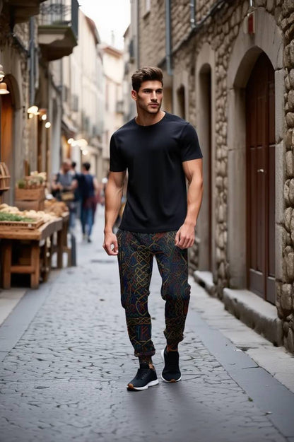 men’s joggers with viking knotwork pattern featuring intertwined serpents and wolves, intricate norse inspired geometric lines in dark earthy colors, full body street view of model walking in old stone alley, modern recycled joggers with mythic aesthetic