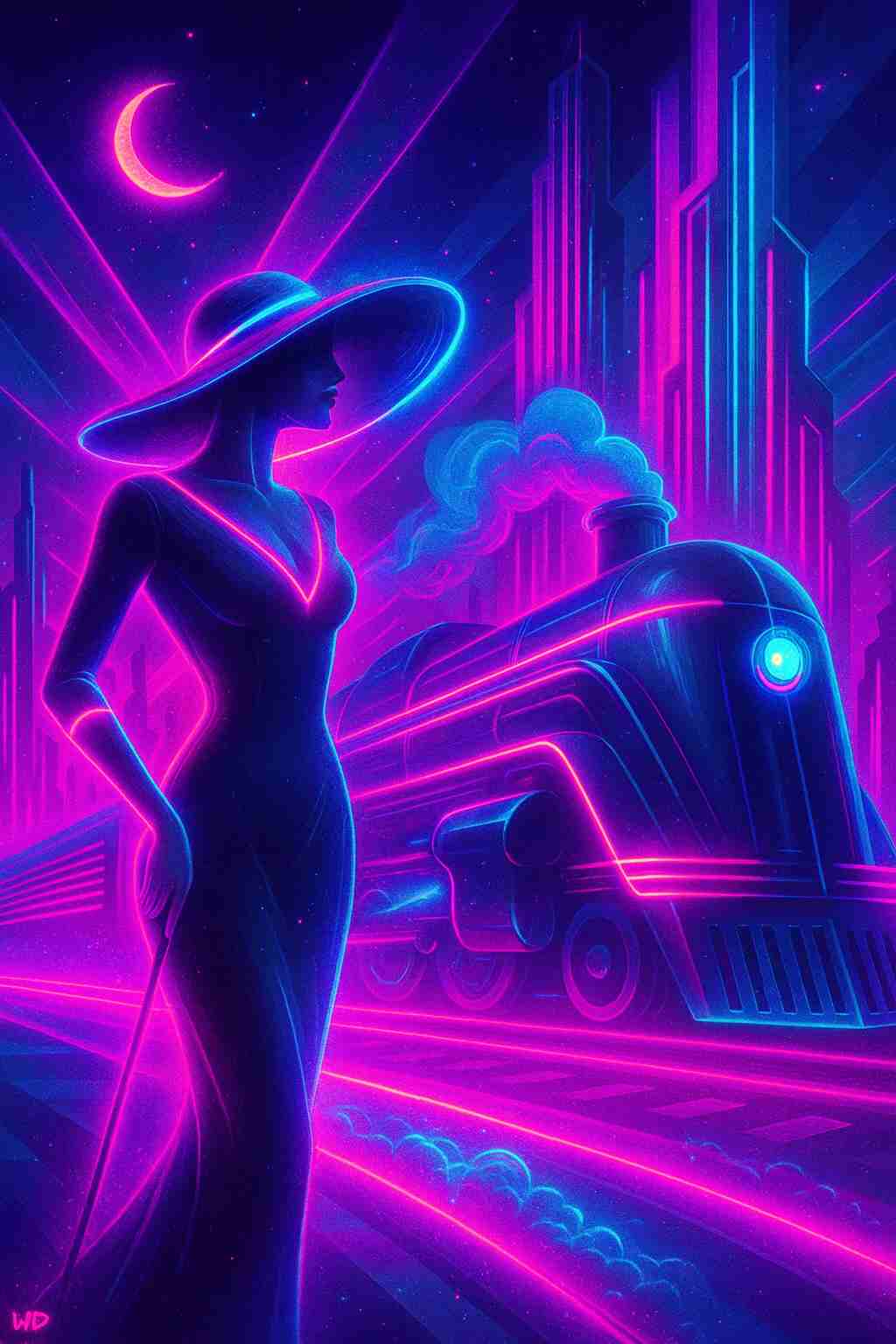 Elegant cyberpunk woman in a wide brim hat stands beside a glowing retro futuristic train on chrome rails, neon pink and blue light outlining her silhouette, with tall skyscrapers and a crescent moon behind, ideal for smartphone lock screen and home screen.