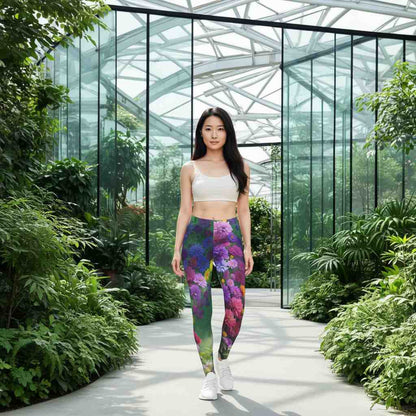 Full-body view of a woman walking in a bright botanical greenhouse wearing Midnight Garden floral leggings with purple, pink, yellow, and green flowers, showing the full artistic pattern in natural daylight.