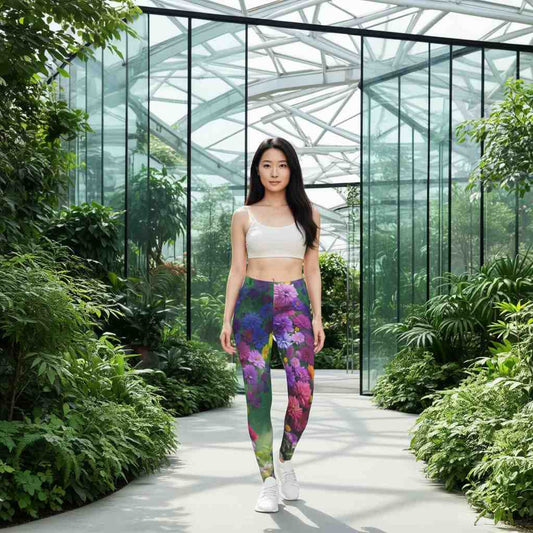 Full-body view of a woman walking in a bright botanical greenhouse wearing Midnight Garden floral leggings with purple, pink, yellow, and green flowers, showing the full artistic pattern in natural daylight.