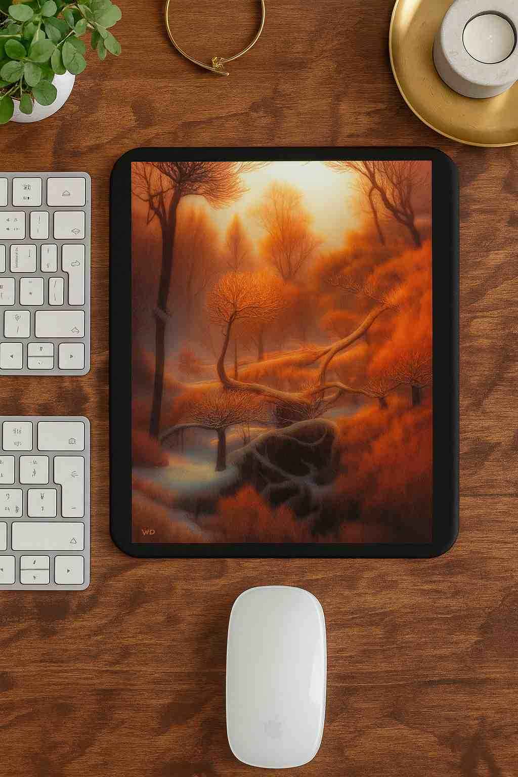 A vertical mouse pad with an amber winter forest and stylized glowing trees, placed on a wooden desk beside a white keyboard, a white mouse, a small plant and metal accessories. Warm light illuminates the scene with a calm, atmospheric mood.