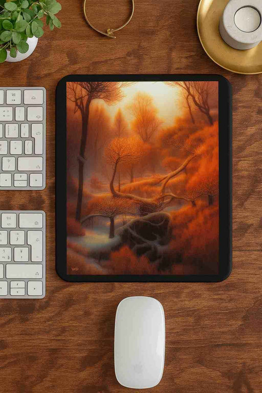A vertical mouse pad with an amber winter forest and stylized glowing trees, placed on a wooden desk beside a white keyboard, a white mouse, a small plant and metal accessories. Warm light illuminates the scene with a calm, atmospheric mood.