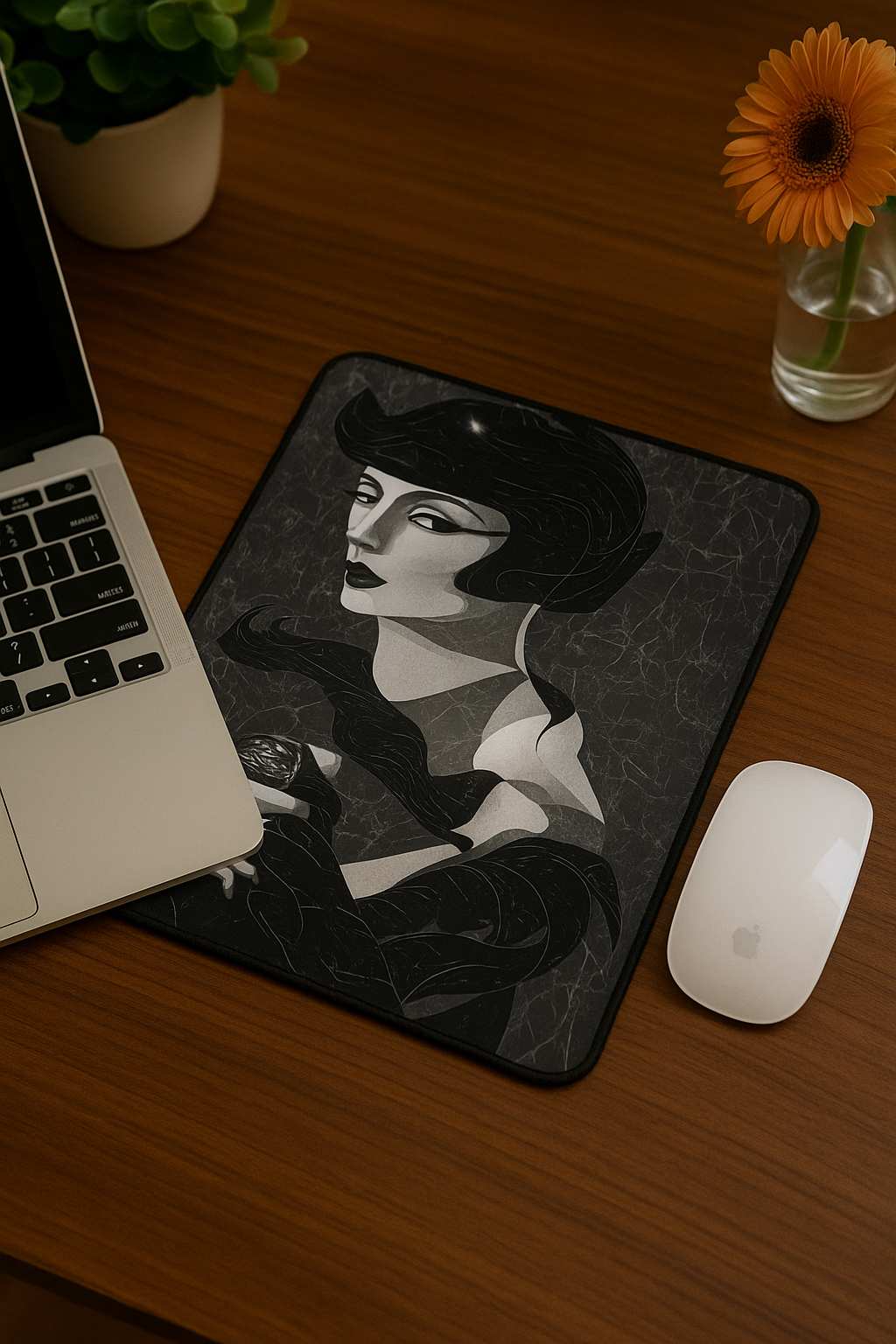 A vertical mouse pad featuring a monochrome Art Deco portrait of a woman with stylized hair and geometric shading, placed on a wooden desk beside a laptop, a white mouse, a vase with a flower, and minimalist décor.